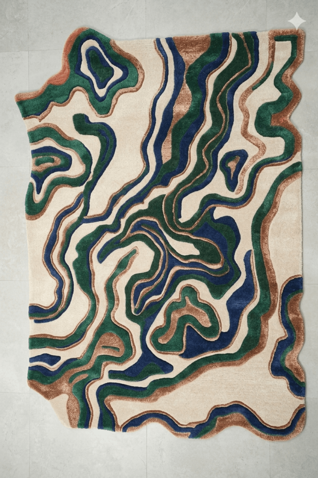 Terra Wave Contour Rug featuring topographic-style curves in earthy tones of green, blue, rust, and beige.