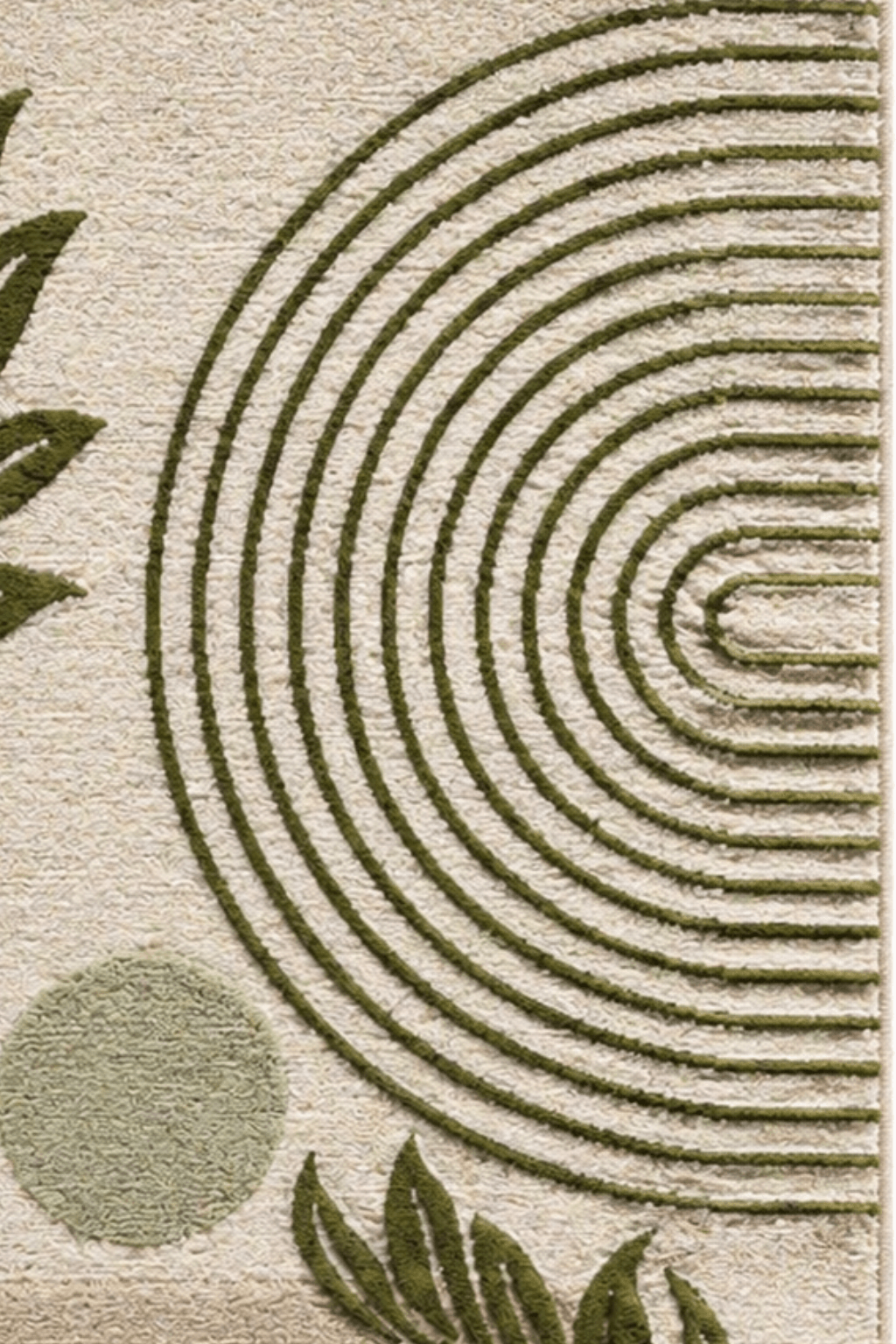 Close-up of the Verdant Harmony botanical floral area rug featuring palm motifs and geometric designs.