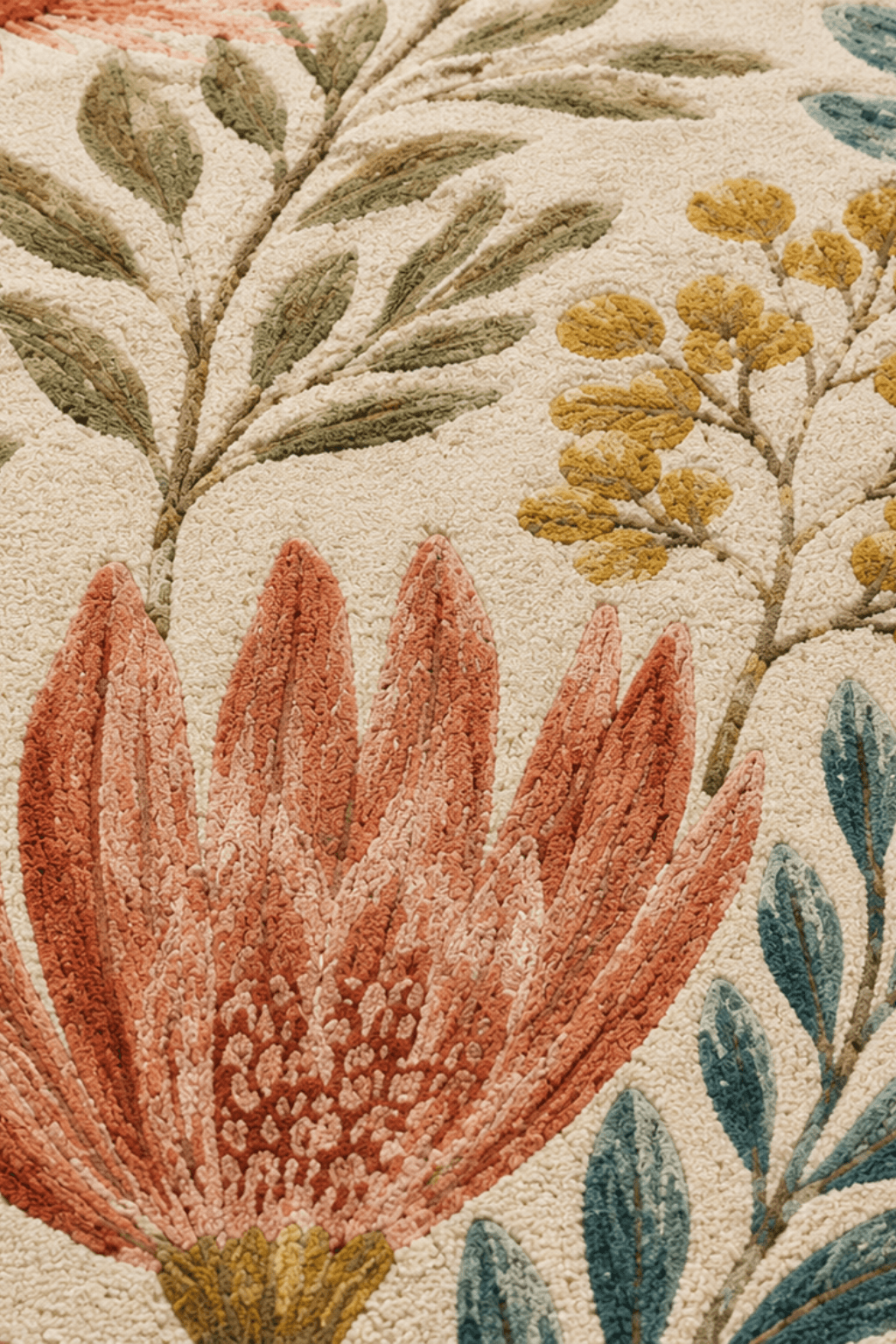 Close-up of vibrant floral motifs and foliage on a botanical meadow rug, showcasing earthy tones and intricate design.