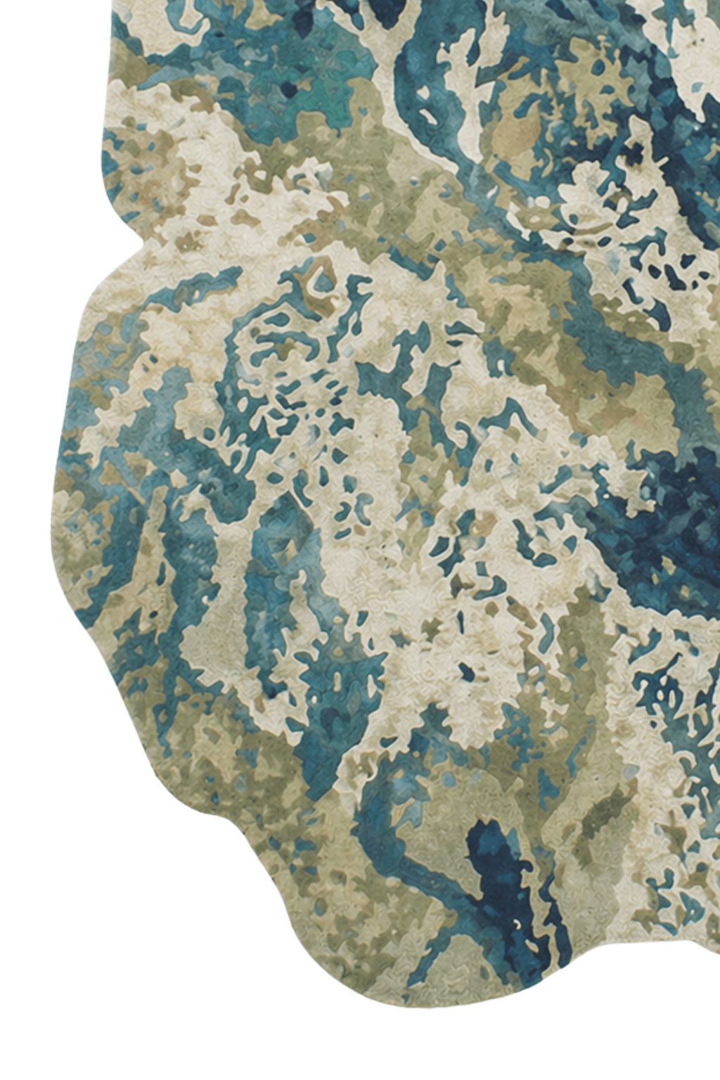 Ocean terrain sculpted rug featuring intricate teal and sage patterns inspired by natural landscapes.