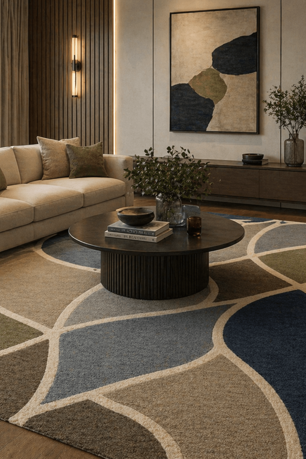 Organic geometry hand tufted rug in a modern living room with soft colors and geometric patterns.