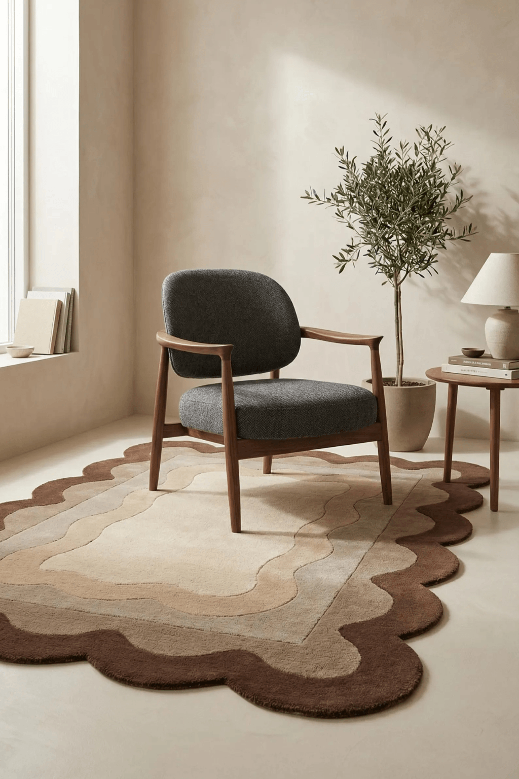 Cocoa scallop area rug displayed under a modern chair in a stylish living room setting.