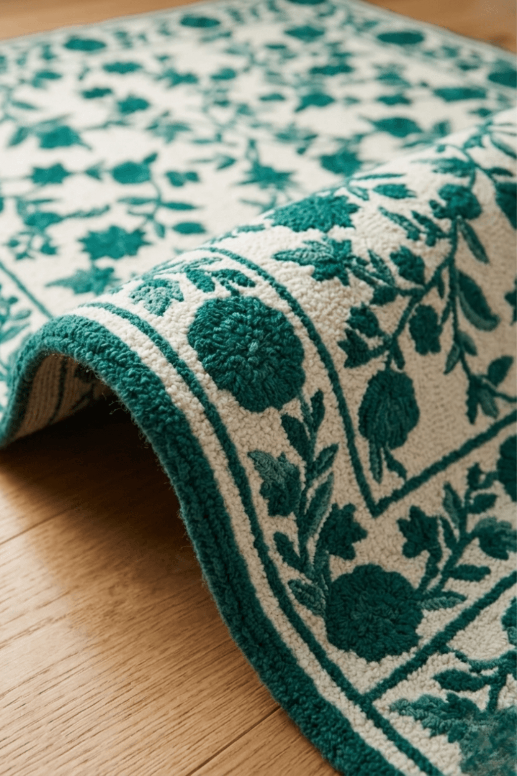 Emerald vine hand-tufted rug showcasing botanical motifs on ivory background.
