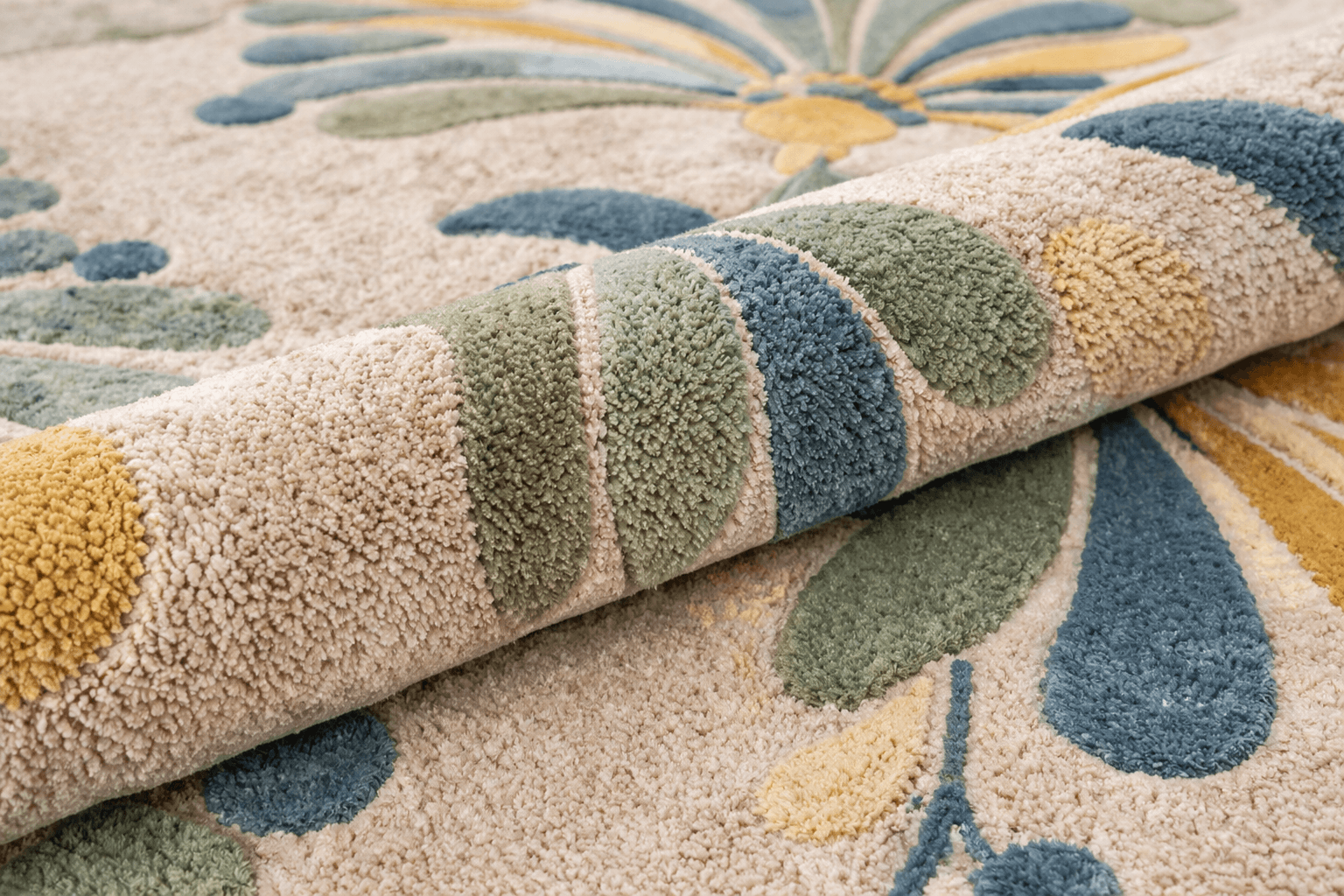 Close-up of a Botanical Bloom Hand-Tufted Wool Rug showcasing floral motif in green, teal, blue, and gold.