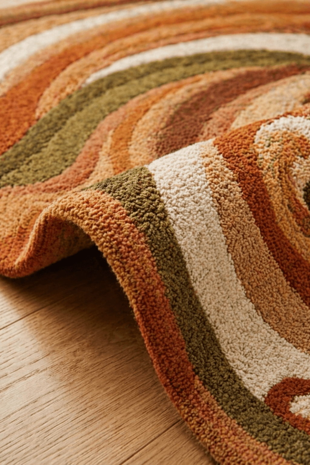Organic abstract wool rug featuring flowing patterns in warm autumn colors, perfect for modern decor.