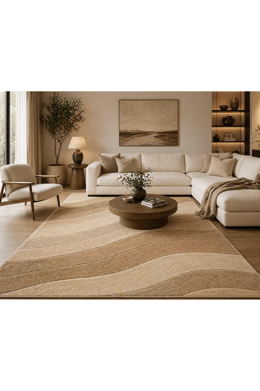modern geometric rugs Dune Flow in a cozy living room, featuring soft beige and sand waves.
