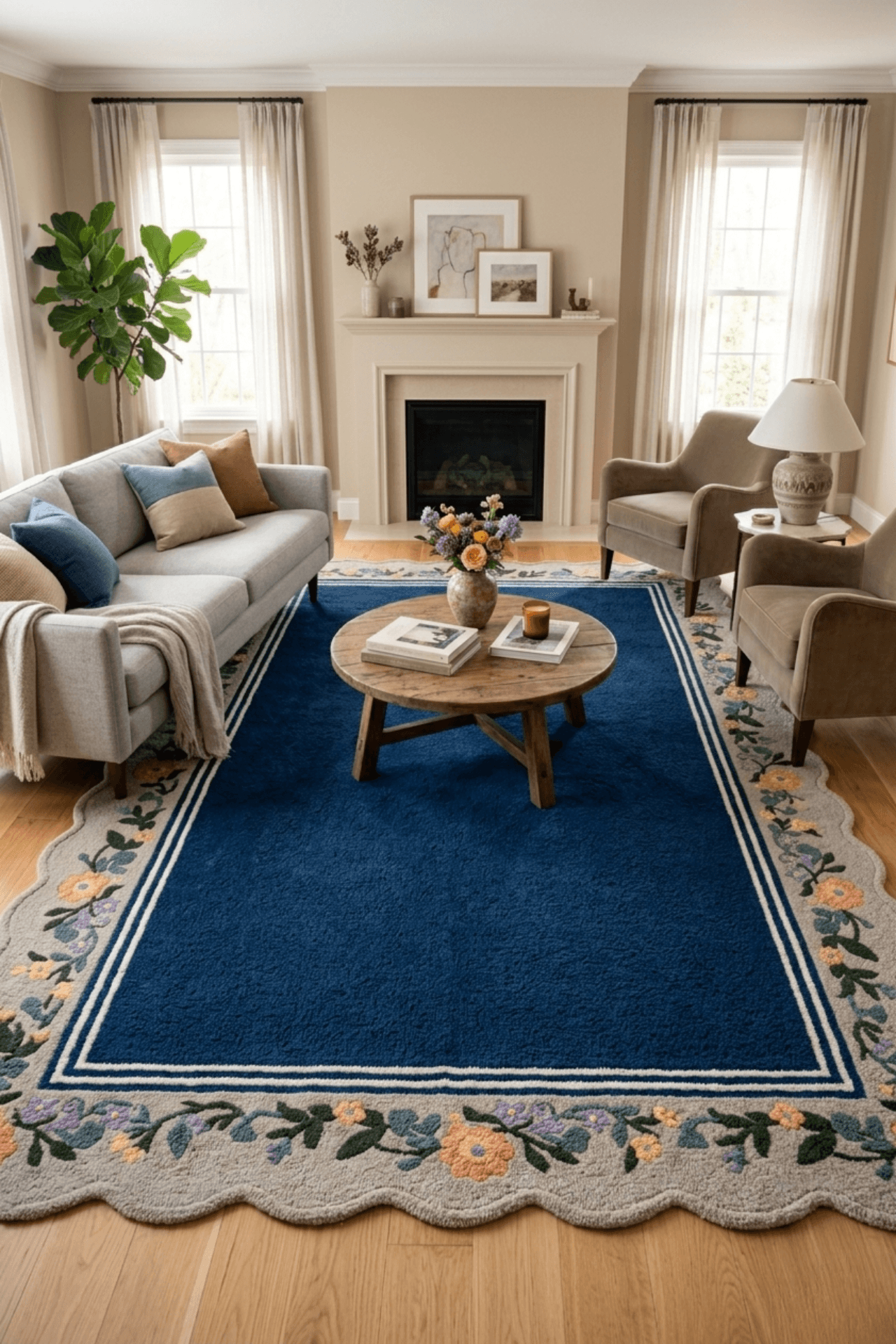 Midnight botanical wool rug showcased in a cozy living room with scalloped edges and floral design.