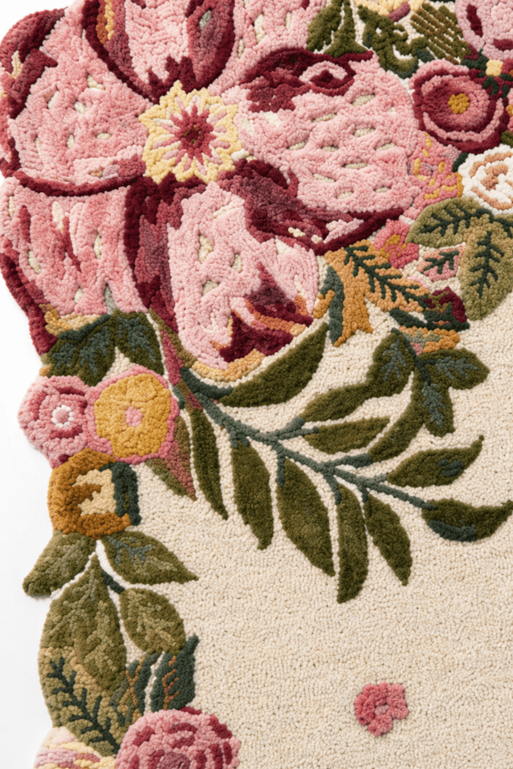 Close-up of the Blush Garden hand-tufted floral wool rug with pink and green floral design on a soft ivory background.