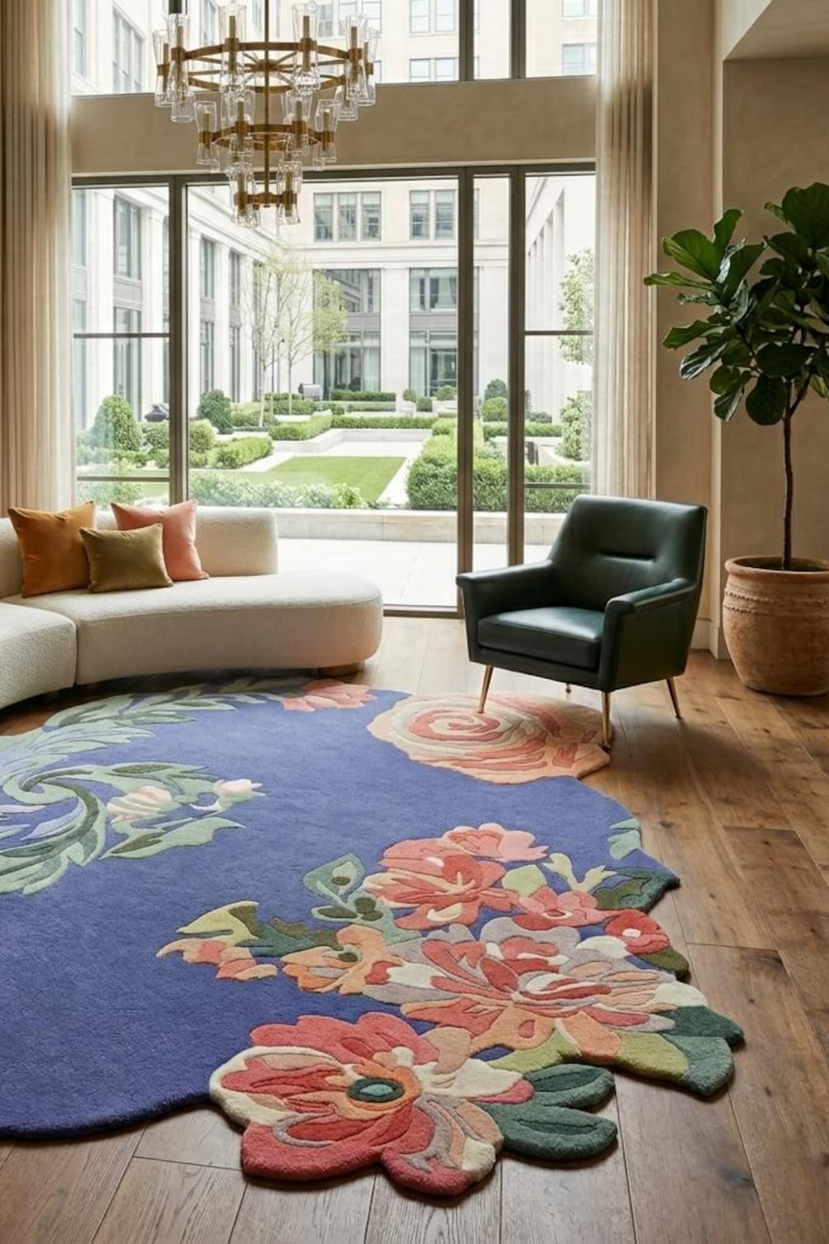 Floral hand-tufted rug displayed in a modern living room setting with natural light.