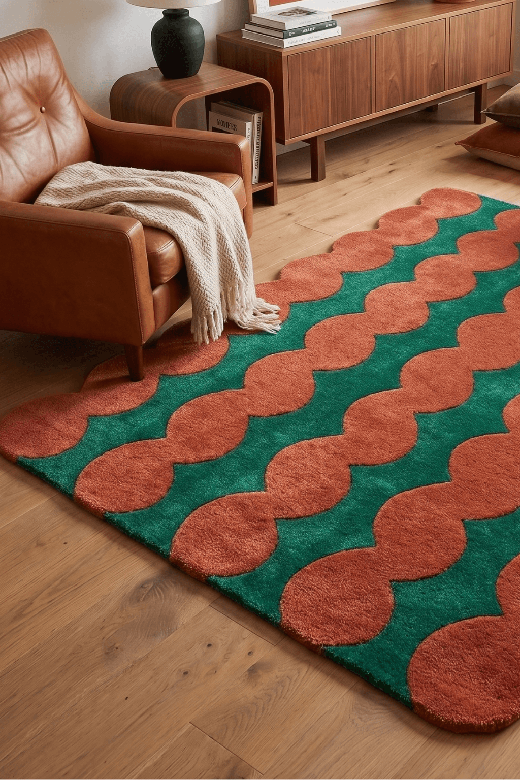 Aurora Wave tufted rug featuring a bold undulating pattern in burnt orange and green, enhancing modern decor.