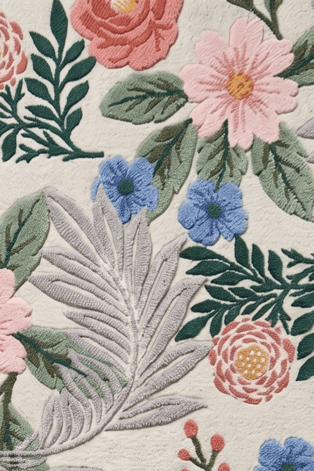 Detailed view of the Blush Meadow Floral Hand-Tufted Wool Rug showcasing blooming florals in soft colors.