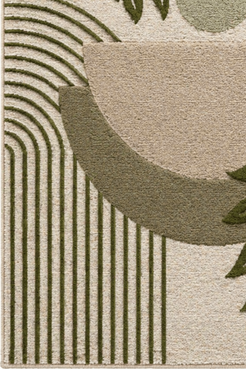 Close-up of a botanical floral area rug featuring geometric patterns and botanical motifs in earthy tones.