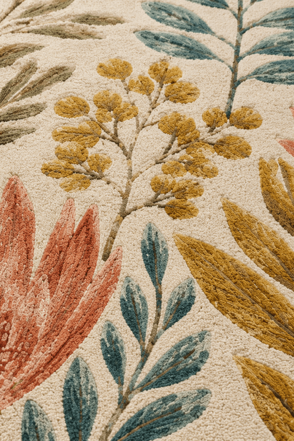 Close-up of the botanical meadow rug showcasing vibrant floral motifs and earthy tones.