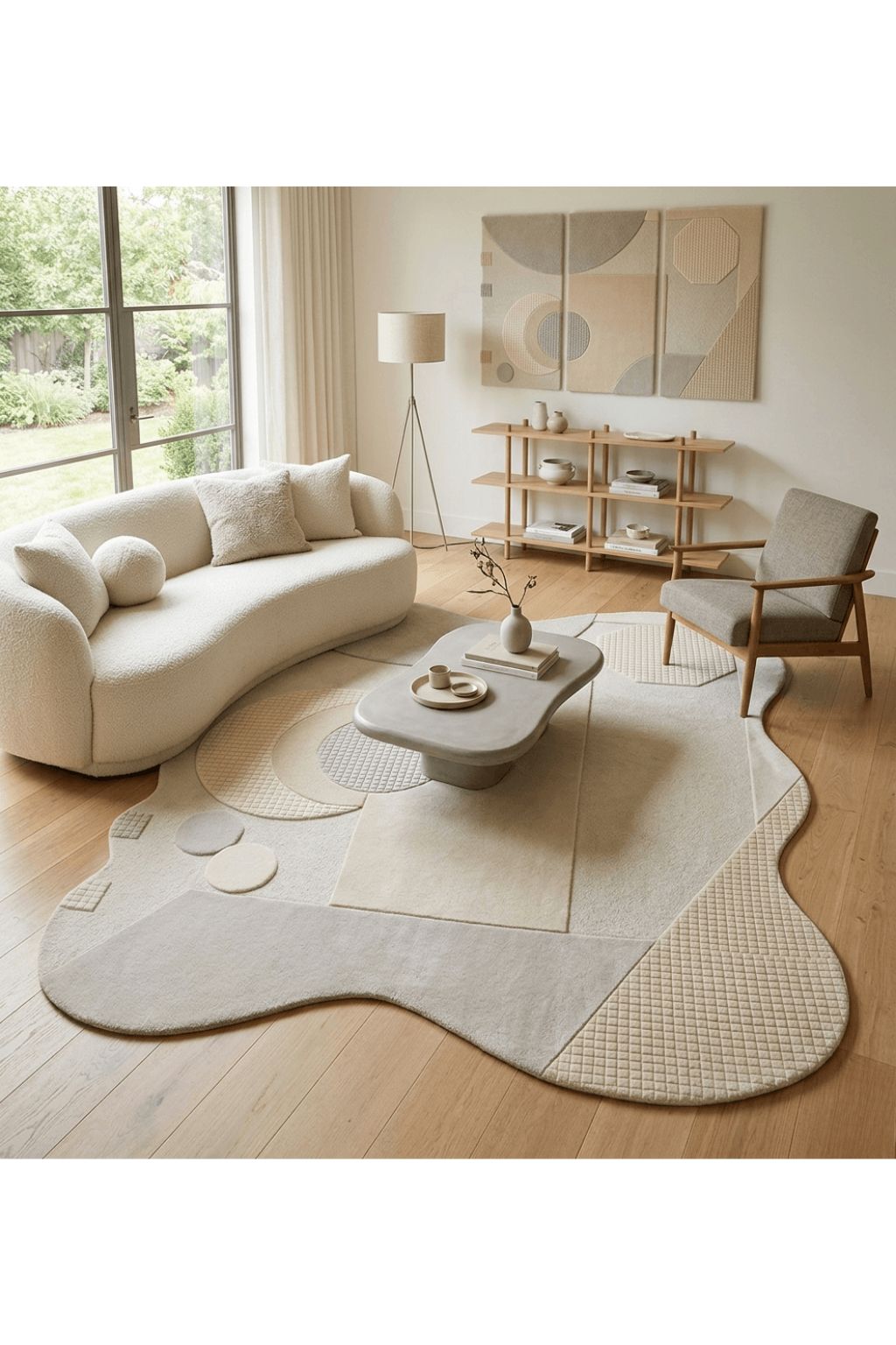 Luna abstract hand-tufted rug displayed in a modern living room with a cozy sofa and elegant decor.