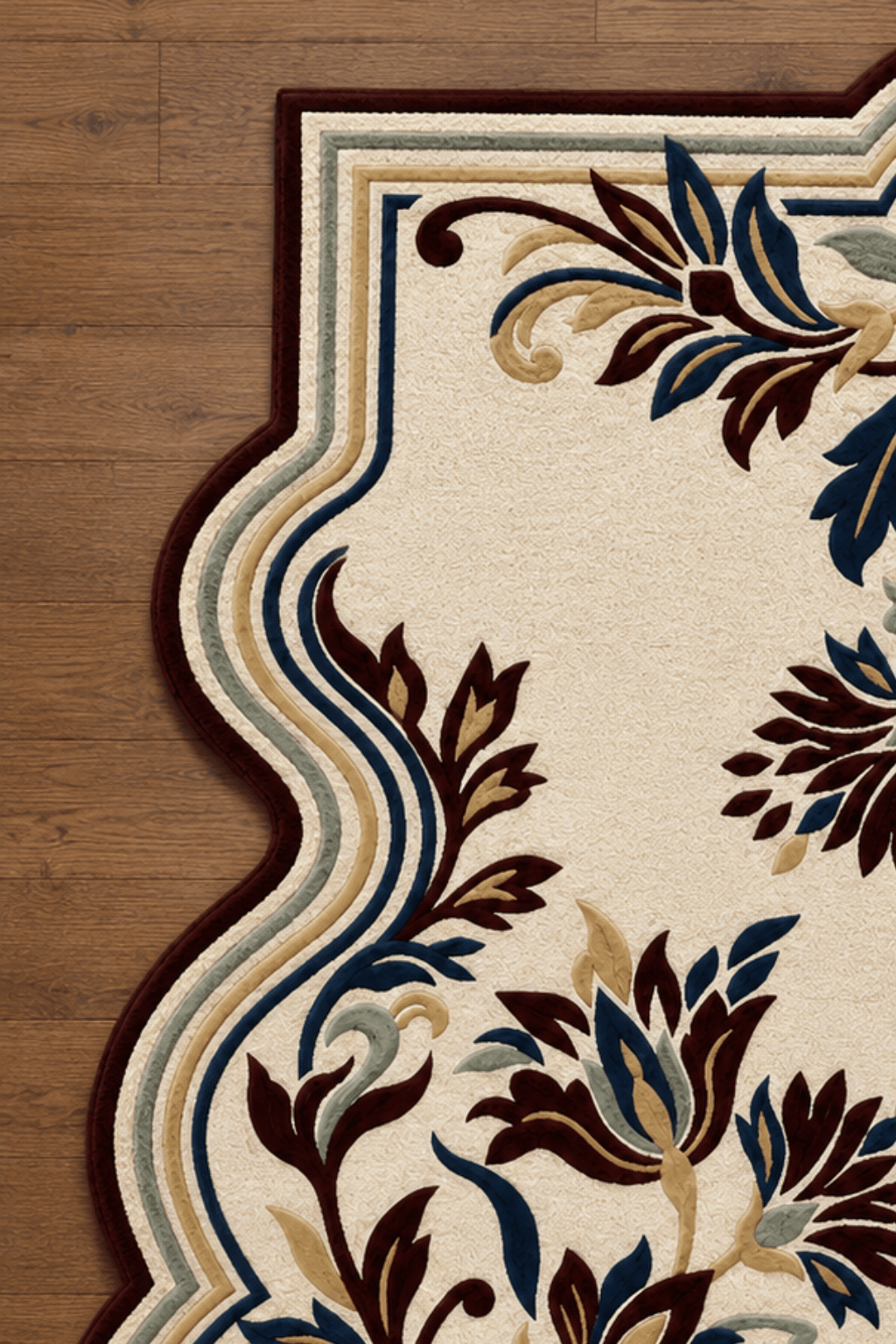 Luxurious floral area rug featuring rich burgundy and navy floral designs on an elegant ivory ground.