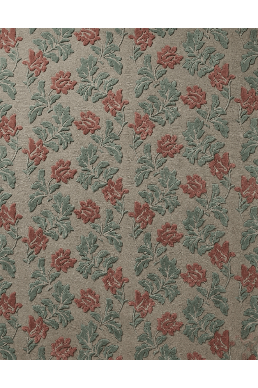 Rosewood and sage floral rug pattern featuring soft sages and muted rosewoods on a stone-grey backdrop.