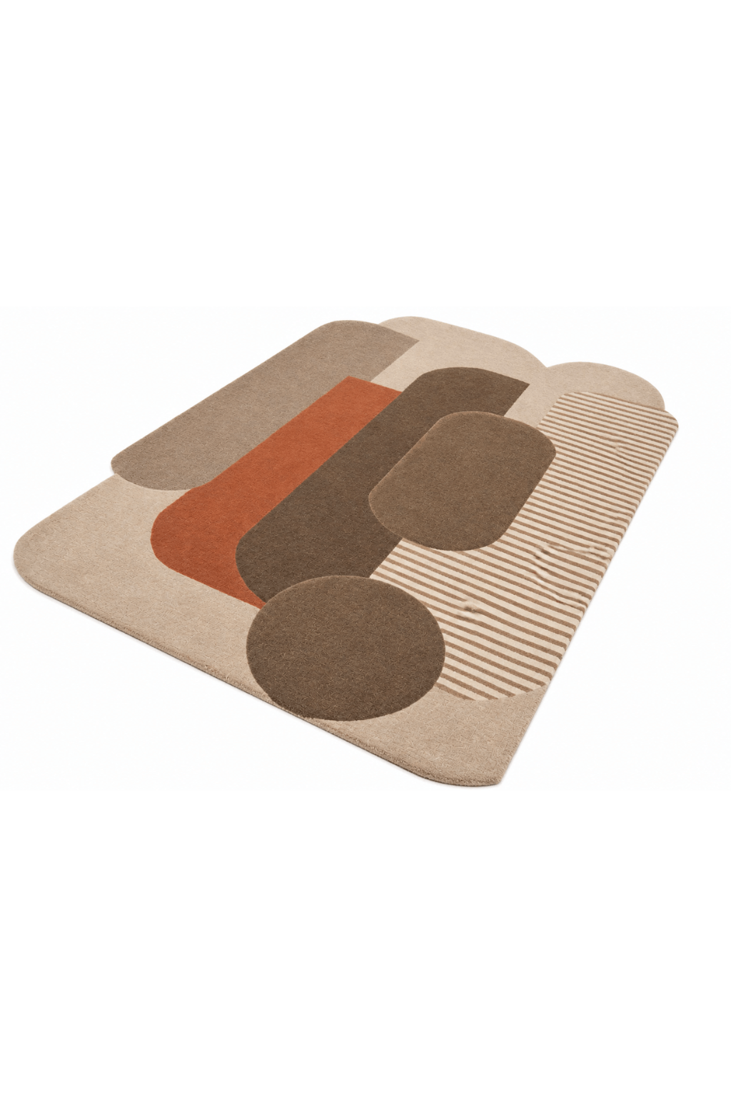 Terra Arch Sculpted Abstract Rug featuring layered arch-like shapes in warm taupe, mocha, terracotta, and ivory.