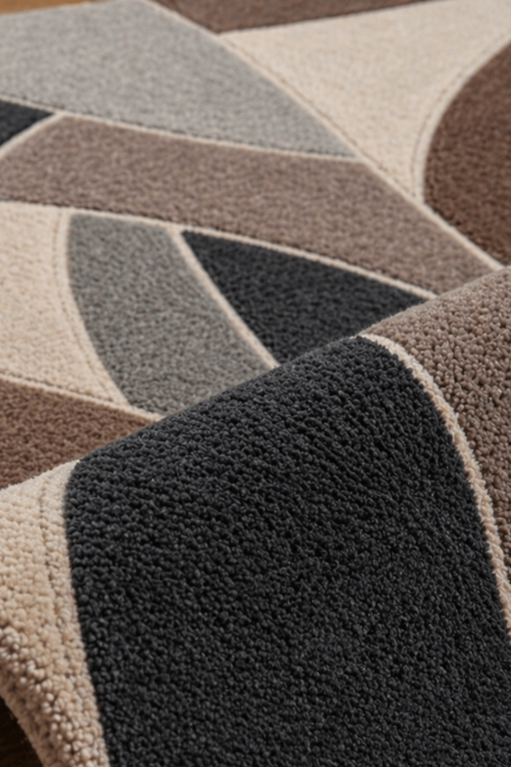Close-up of a geometric hand tufted rug showcasing bold designs and earthy colors.