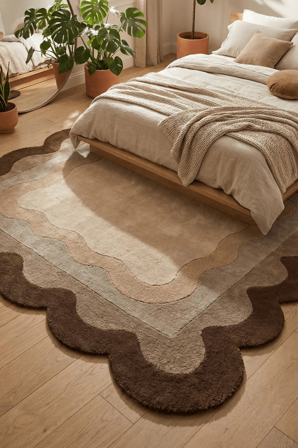 Cocoa scallop area rug in a modern bedroom with a cozy bed and plants.