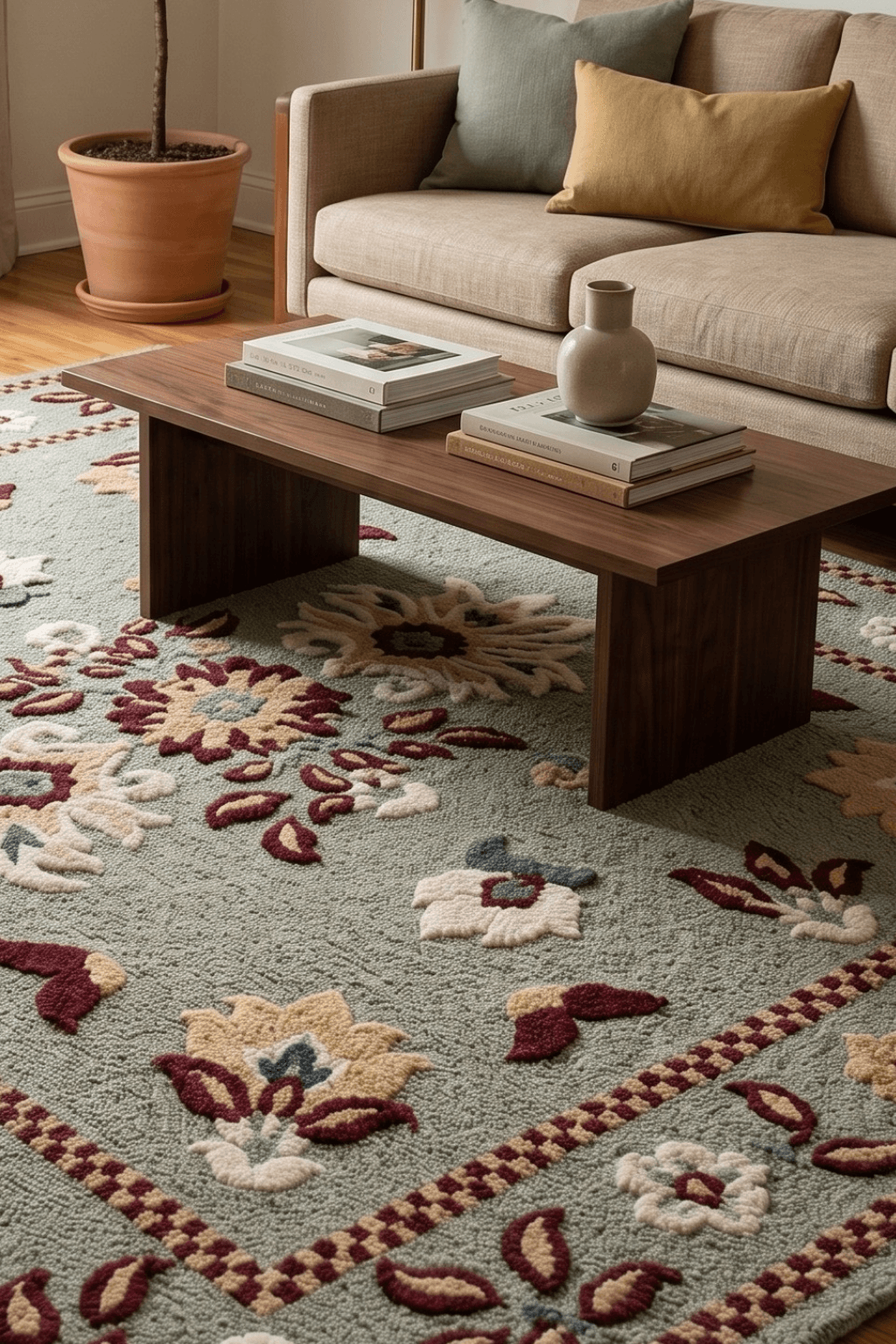 Grand Medallion Heritage Rug laid out in a living room with a wooden coffee table, showcasing its elegant floral design.