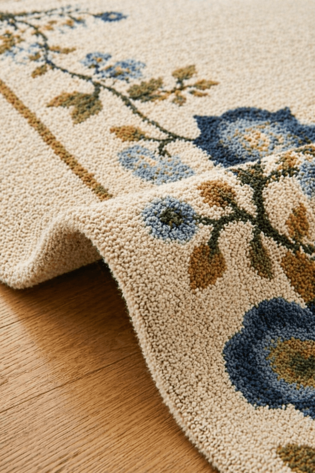 Floral border wool rug with delicate blue floral vines on an ivory base, showcasing refined craftsmanship.