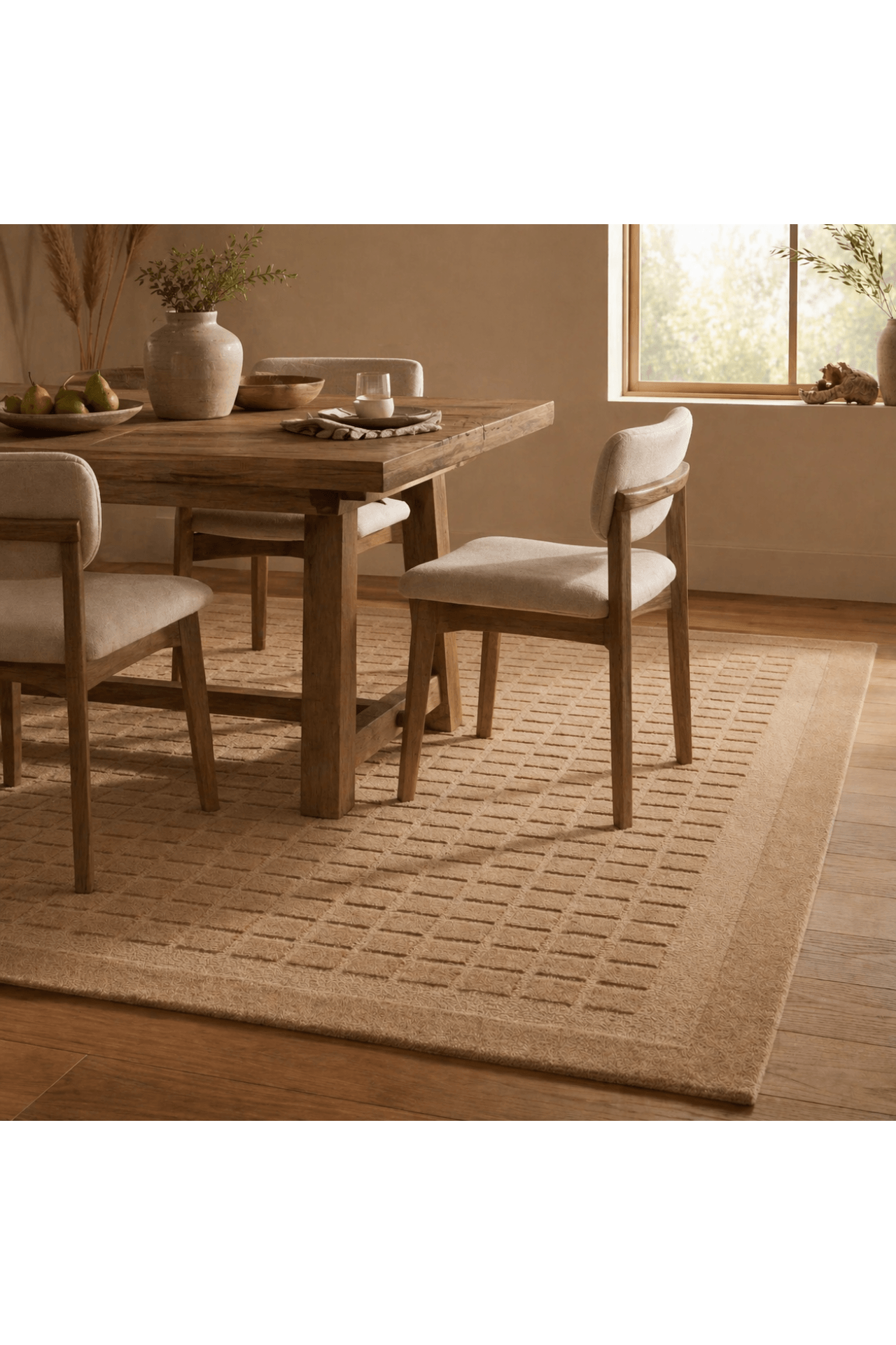 Handloom grid rug placed beneath a wooden dining table and chairs, showcasing its elegant grid pattern.