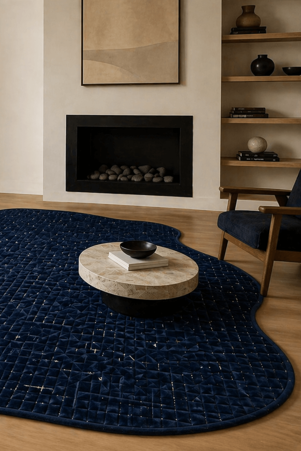 Midnight Origami Sculpt Rug in deep navy, an elegant decorative origami sculpture rug enhancing modern interior design.