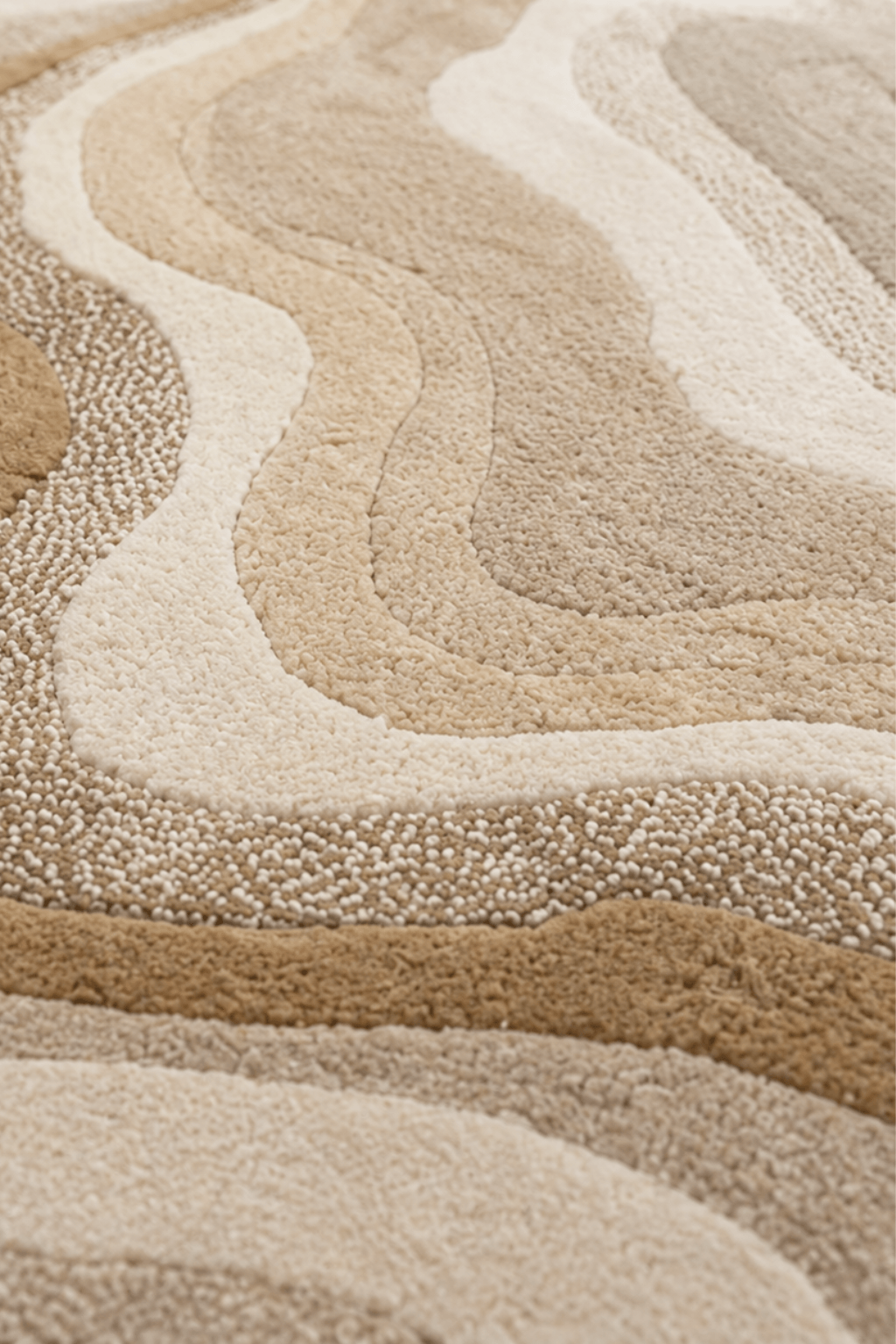 Close-up of the desert sculpted rug showcasing organic, fluid layers in warm, neutral tones.