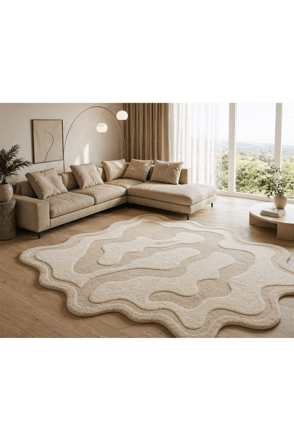 Desert Contour Luxe Rug placed in a serene living room with neutral tones and abstract design.