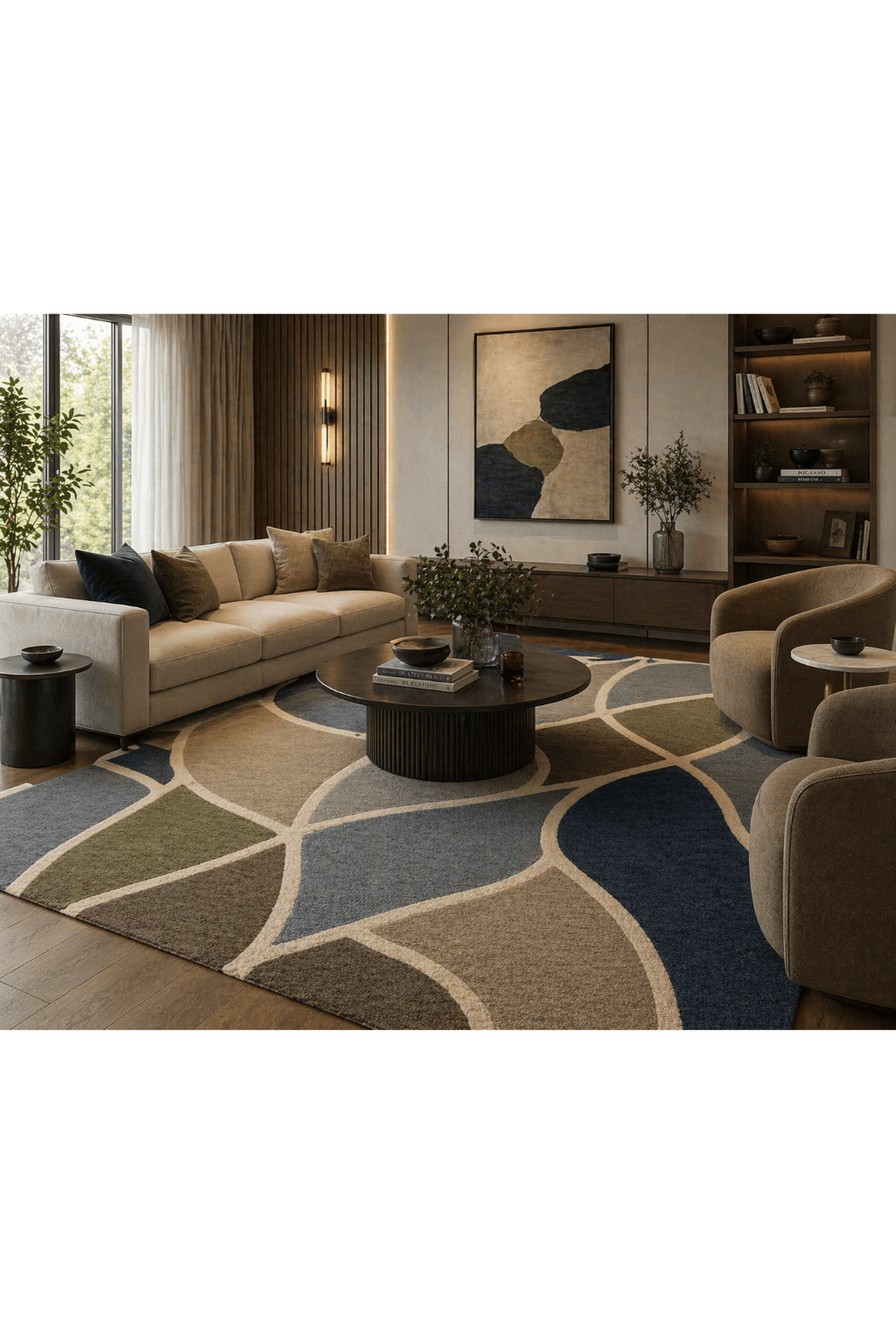 Stylish living room featuring the organic geometry hand tufted rug with layered color palette and modern furniture.