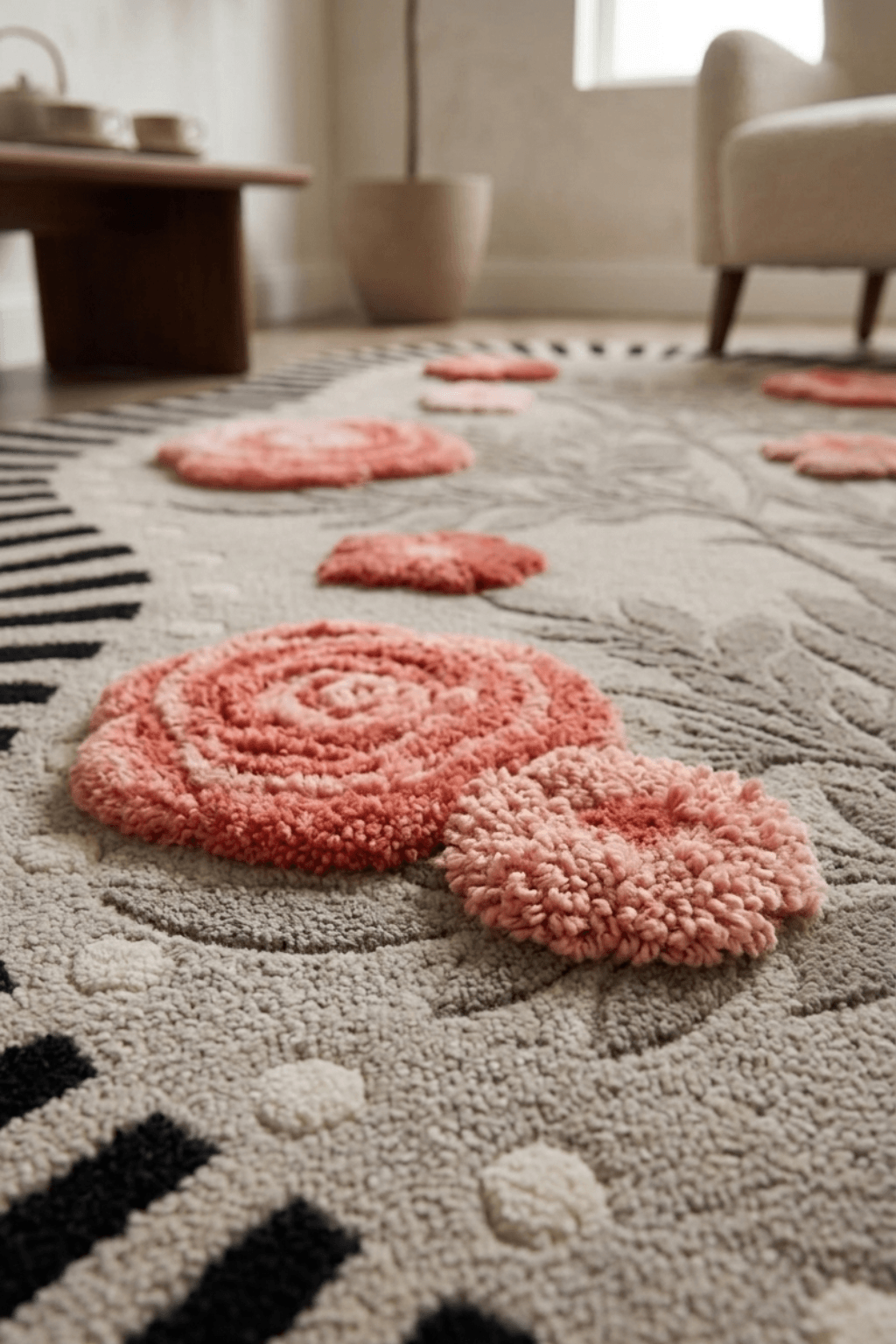 Botanical horizon irregular sculptural rug featuring textured, floral designs in soft pink and gray tones.