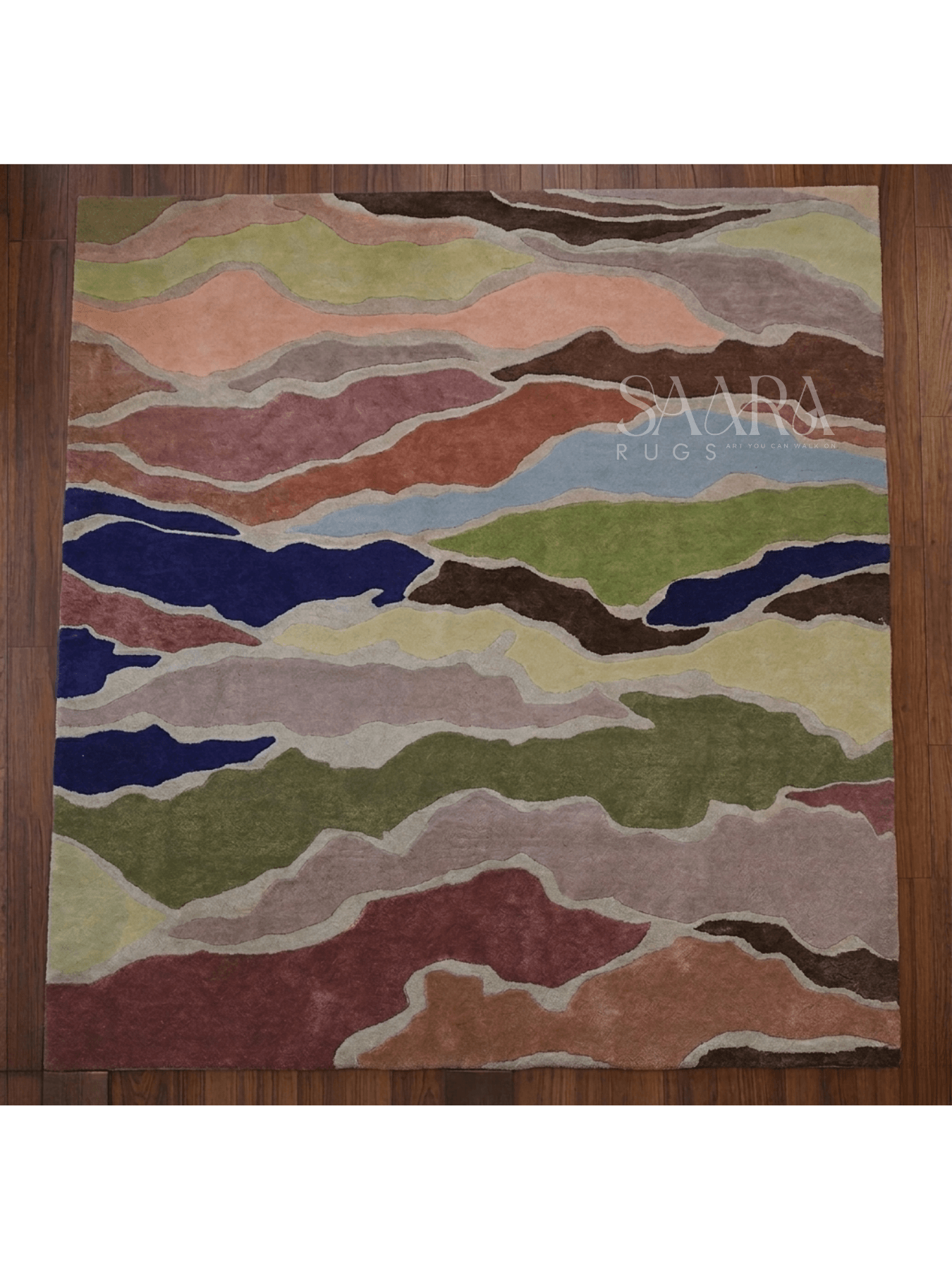 Modern Abstract Multicolor hand-tufted wool rug in vibrant earthy and cool tones for contemporary interiors.