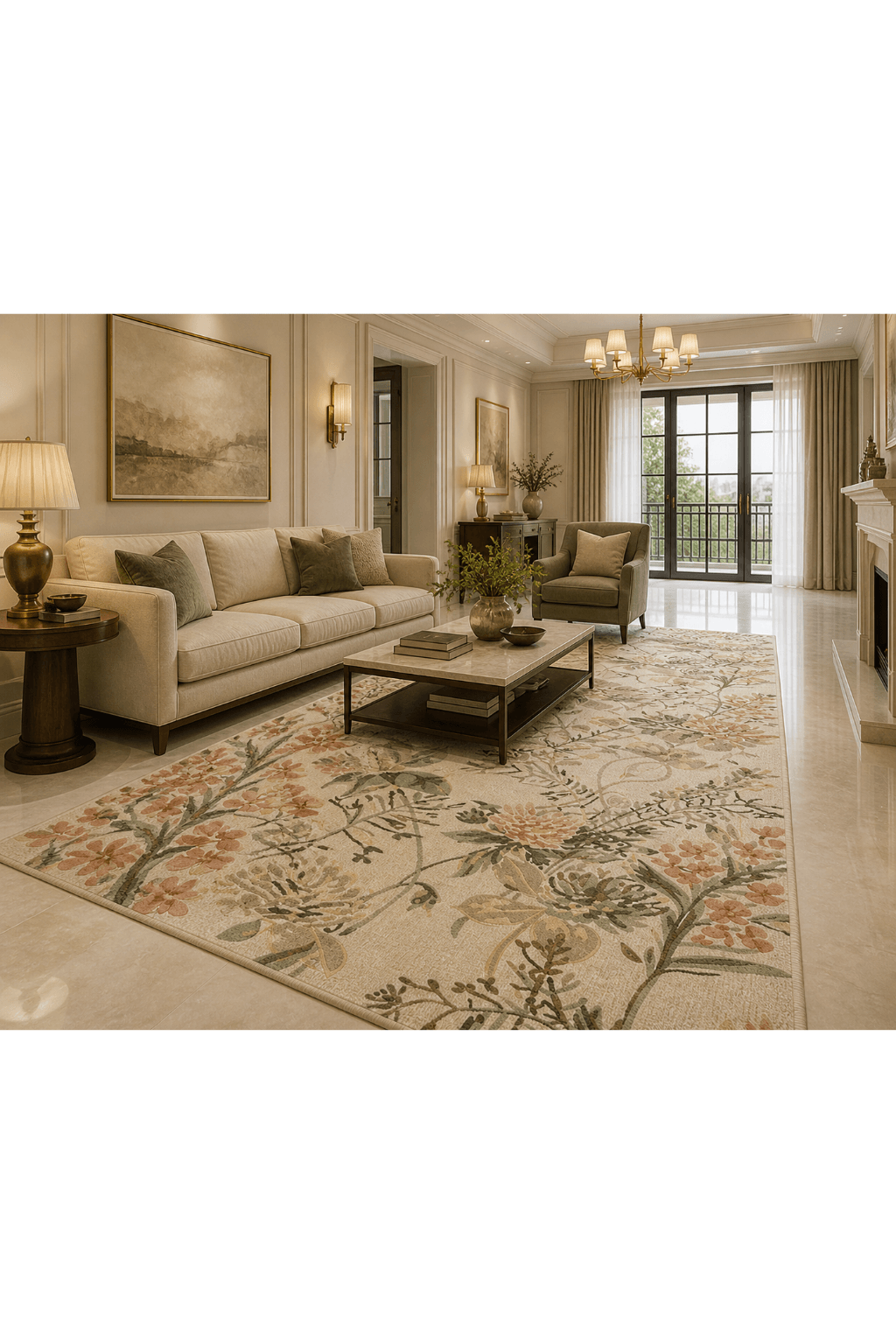 Blossom Meadow Soft Neutral Luxe Rug elevating a modern living room with elegant floral design and luxurious texture.