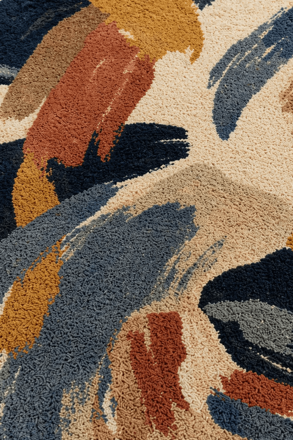 Artistic round area rug featuring expressive brushstrokes in indigo, rust, and warm colors.