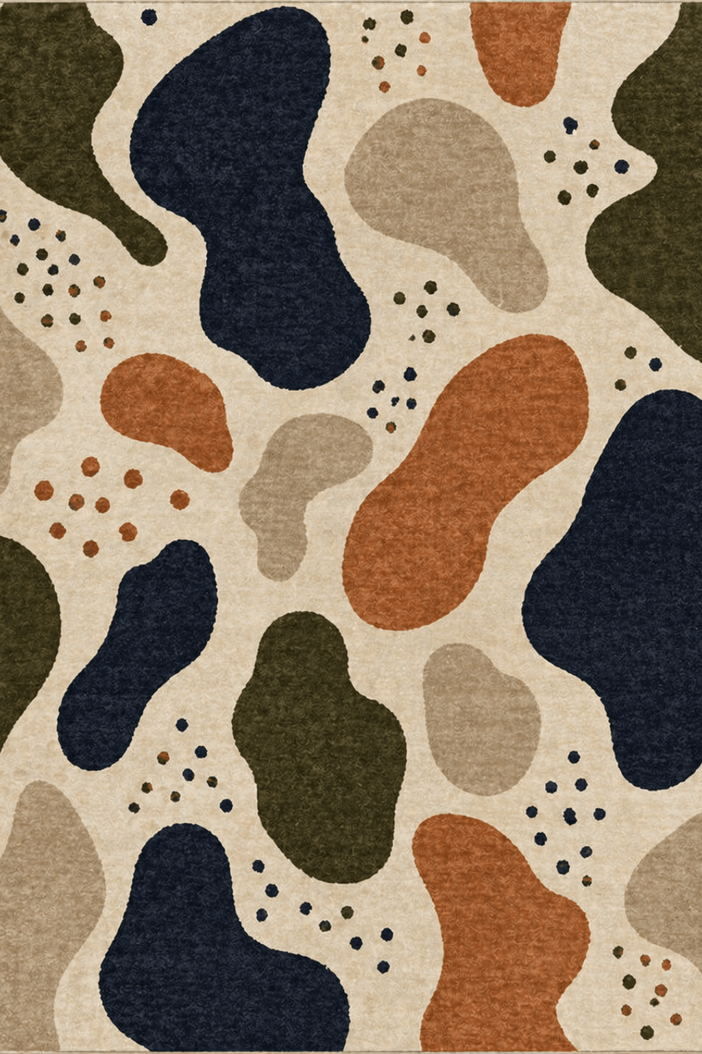 Organic pebble abstract rug featuring fluid shapes in navy, olive green, rust, and beige on a soft ivory base.