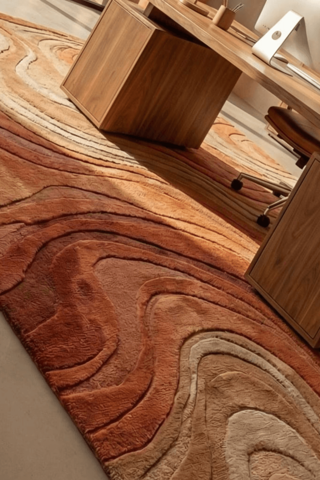 botanical scallop rug in warm earthy tones, enhancing a stylish office space with sculptural design elements