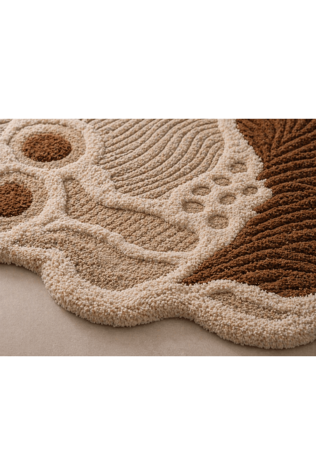 Close-up of the earthen contour rug showcasing its organic, multi-level design in soft neutrals and earthy browns.