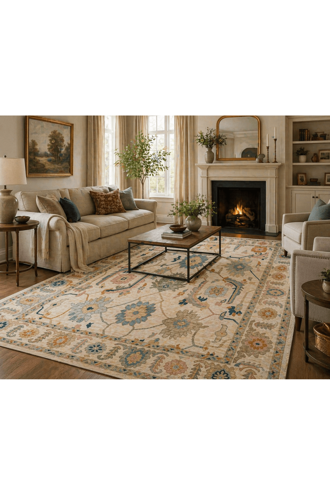 Ivory Bloom Oushak rug displayed in a cozy living room with traditional decor and warm fireplace ambiance.