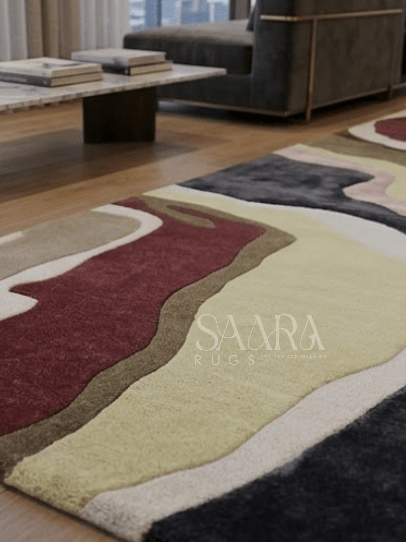 Abstract Earth Tone hand-tufted wool rug featuring a modern design with earthy colors in a contemporary interior.