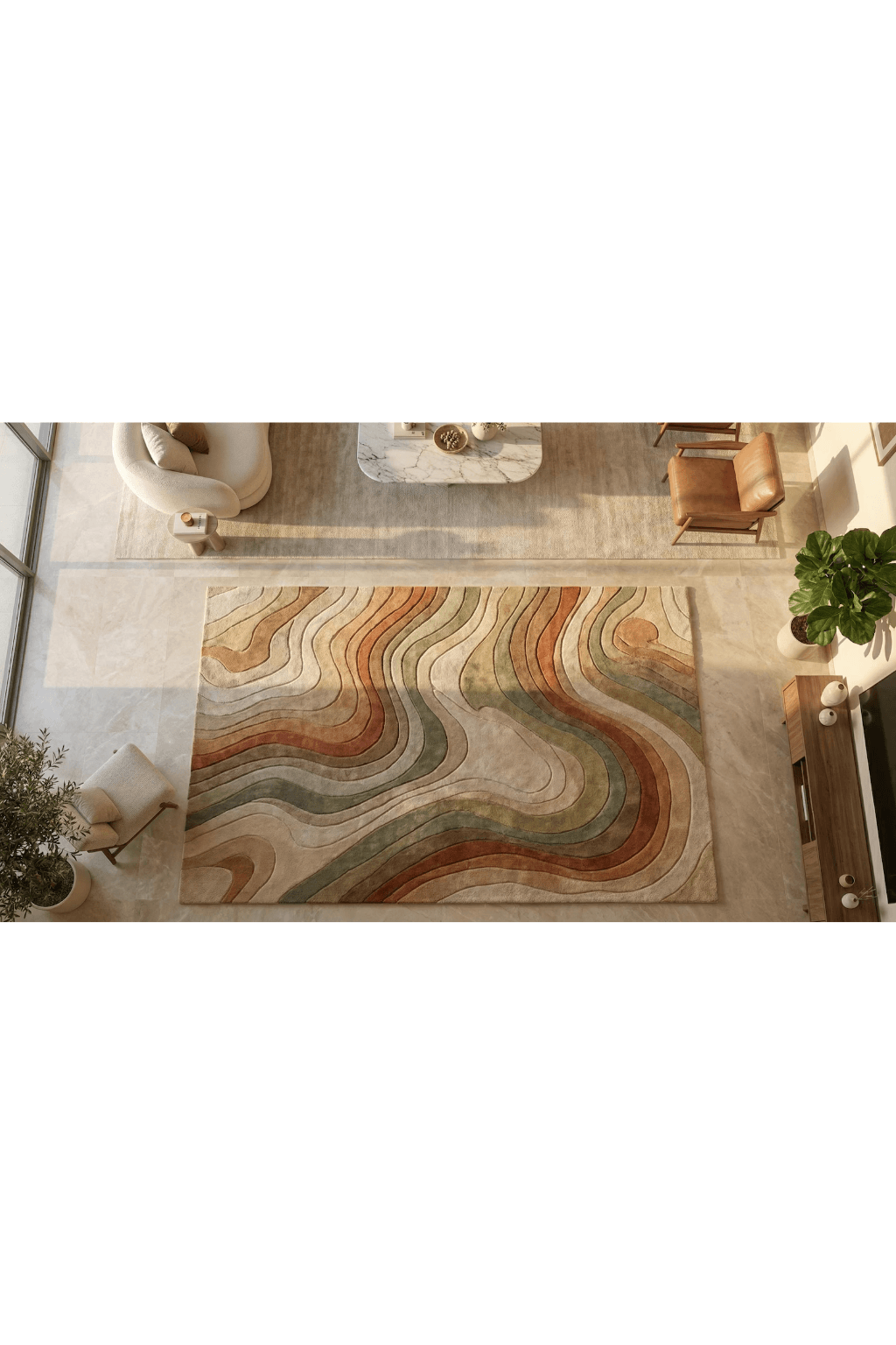 Sand Dune Contour Scallop Rug in a stylish living room with flowing colors and natural elegance.