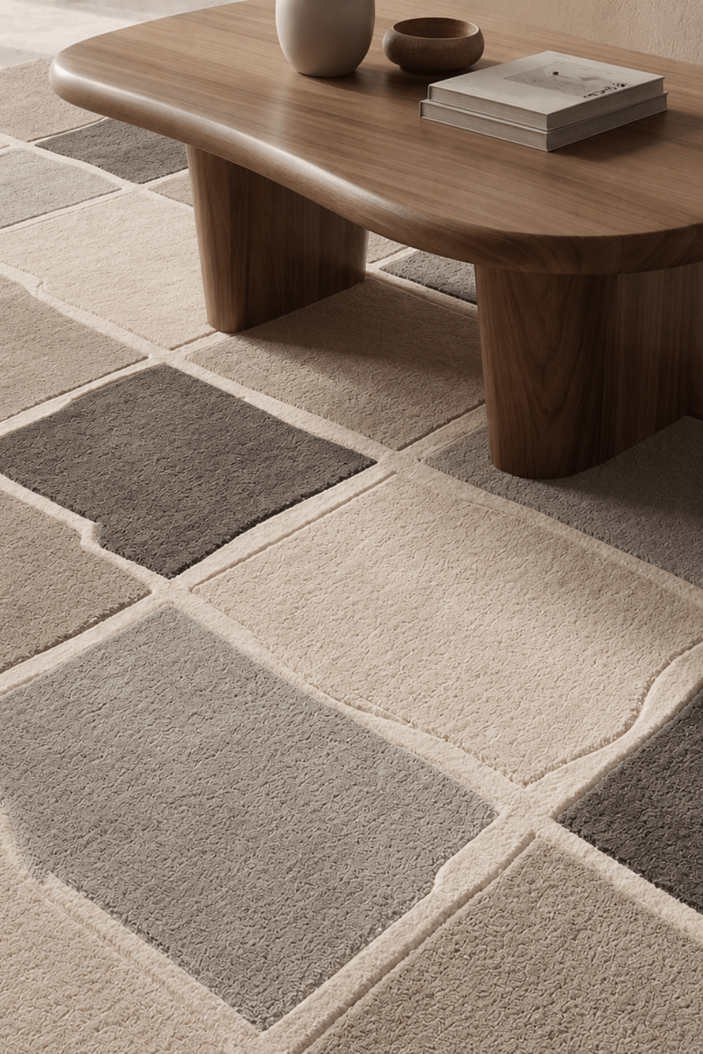 Modern monochrome mosaic rug displayed under a wooden table, featuring geometric patterns in ivory, ash grey, and taupe.