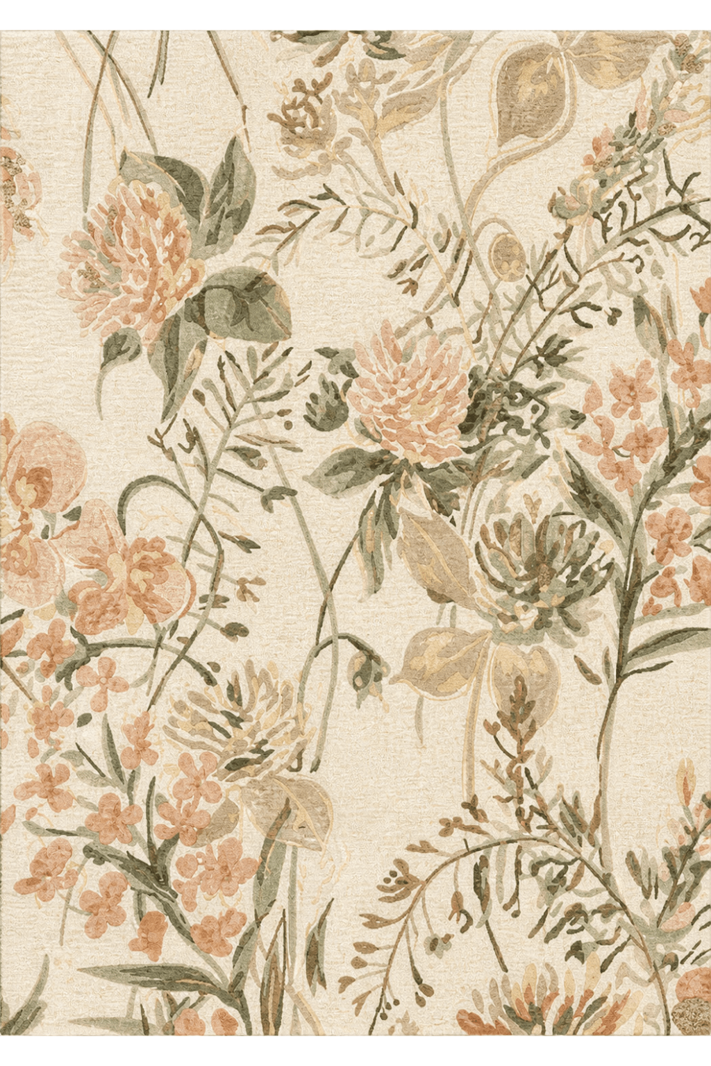 Neutral luxe floral rug featuring delicate botanical motifs in warm ivory, sage, and olive tones.
