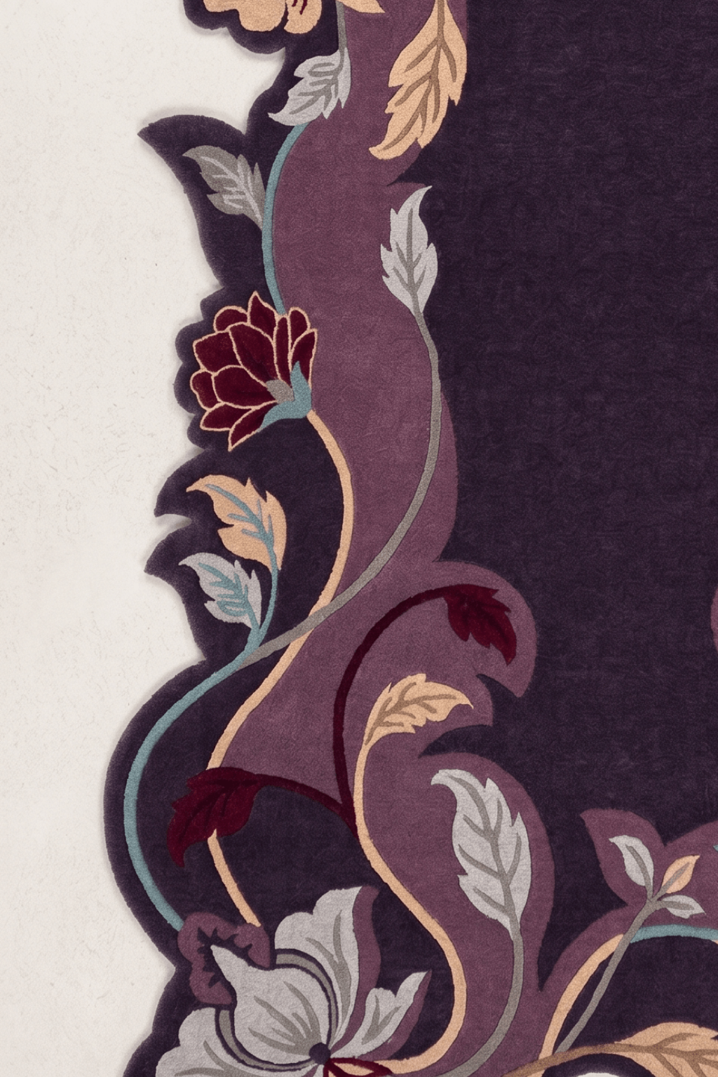 Luxurious floral majlis rug featuring deep-violet base with sculpted floral designs and elegant vines.