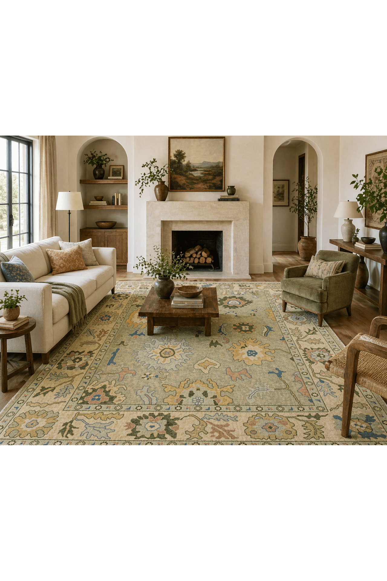Hand-knotted heritage meadow rug displayed in a cozy living room with a fireplace and elegant decor.
