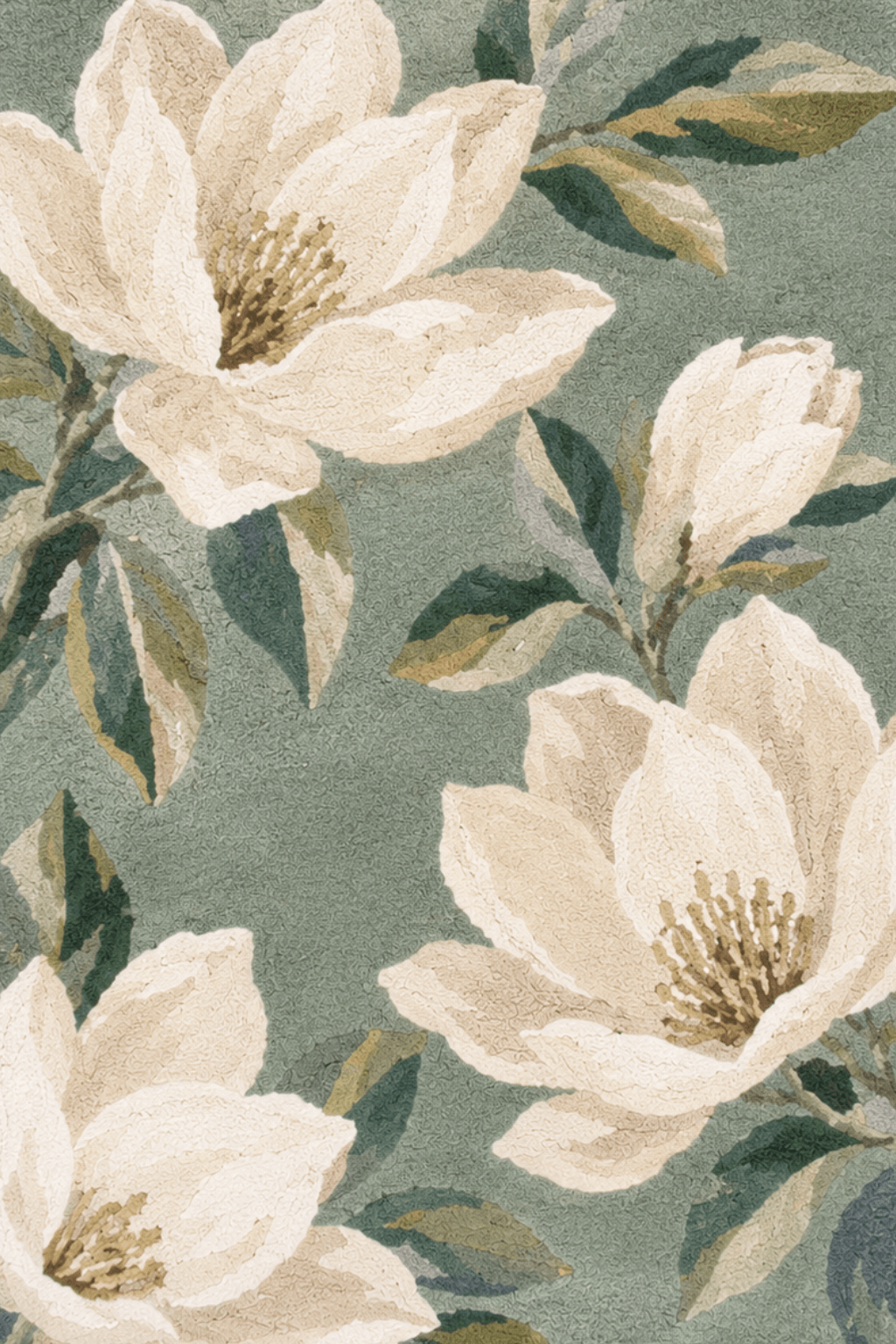 Magnolia bloom hand-tufted rug featuring oversized magnolia flowers and painterly leaves on a green background.