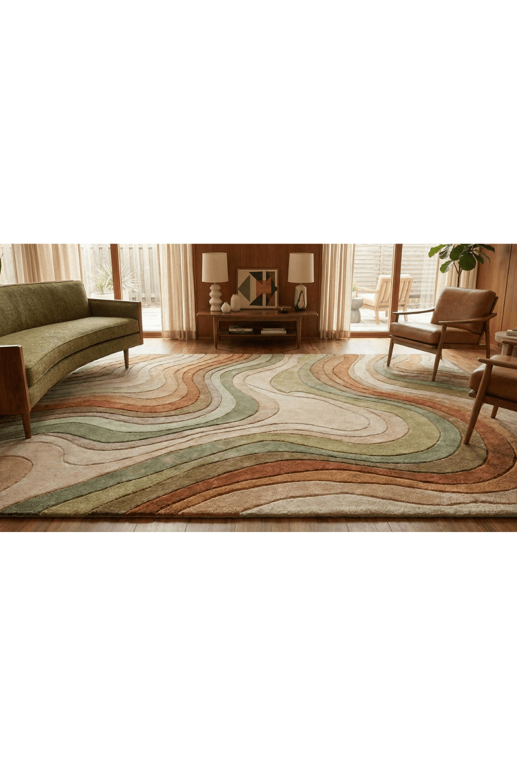 Sand Dune Contour Scallop Rug on hardwood floor in a stylish living room with natural light.