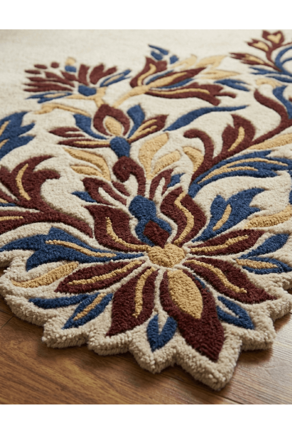 Close-up of the Royal Zahra majlis rug showcasing floral motifs in deep burgundy, navy, and warm beige on an ivory base.