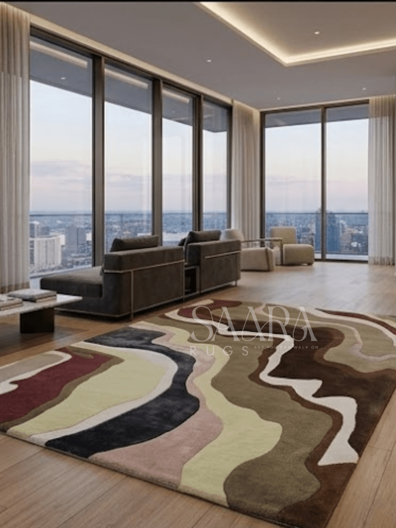 Abstract Earth Tone modern abstract hand-tufted wool rug in a contemporary living room setting.