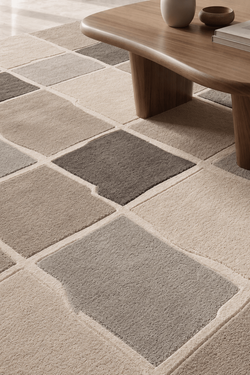 Modern monochrome mosaic rug featuring geometric patterns and artisan textures in a contemporary setting.