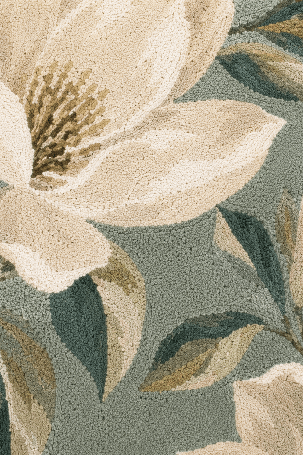 Close-up of the magnolia bloom hand-tufted rug showcasing oversized magnolia florals and leafy accents.